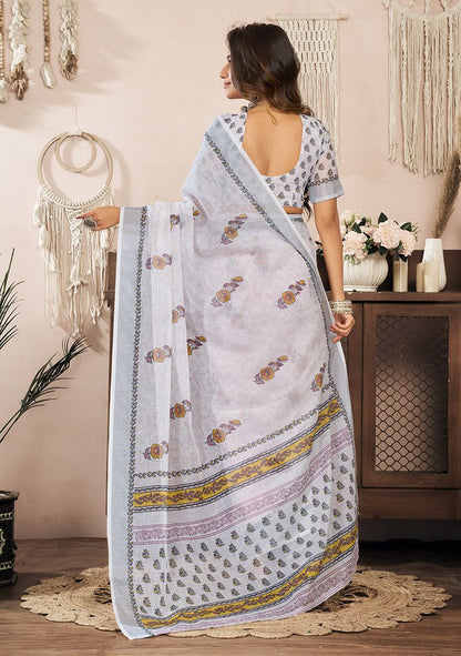 Multicolor Classy Digital Print Linen Saree with Unstitched Blouse