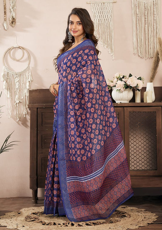 Multicolor Classy Digital Print Linen Saree with Unstitched Blouse
