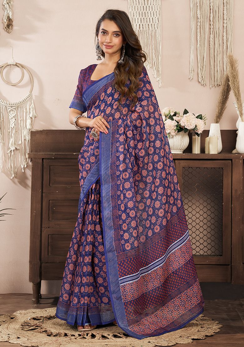 Multicolor Classy Digital Print Linen Saree with Unstitched Blouse
