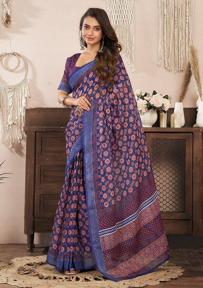 Multicolor Classy Digital Print Linen Saree with Unstitched Blouse