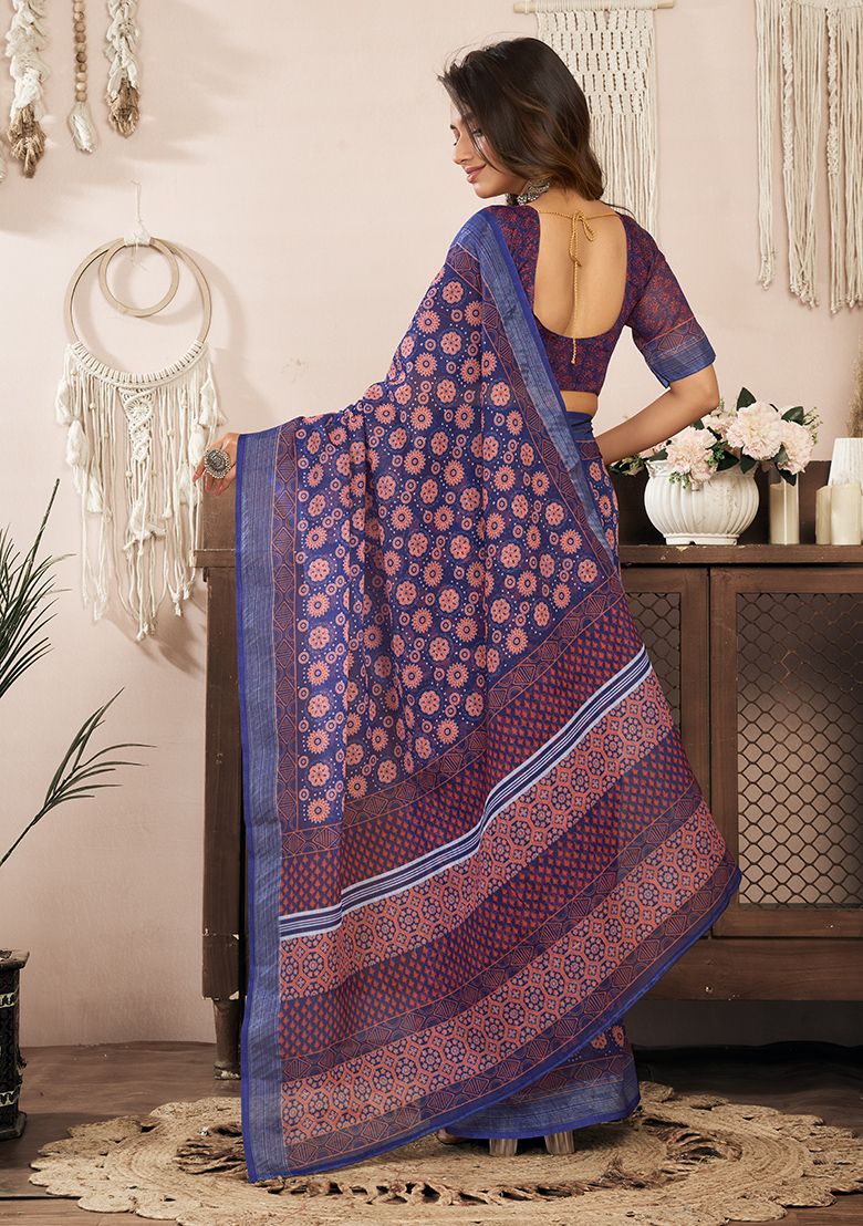 Multicolor Classy Digital Print Linen Saree with Unstitched Blouse