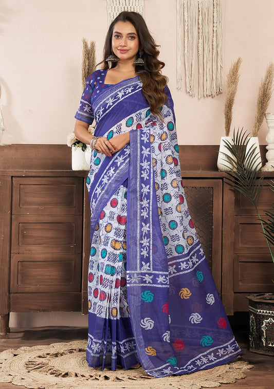 Multicolor Digital Print Linen Saree with Unstitched Blouse