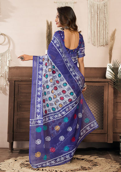 Multicolor Digital Print Linen Saree with Unstitched Blouse