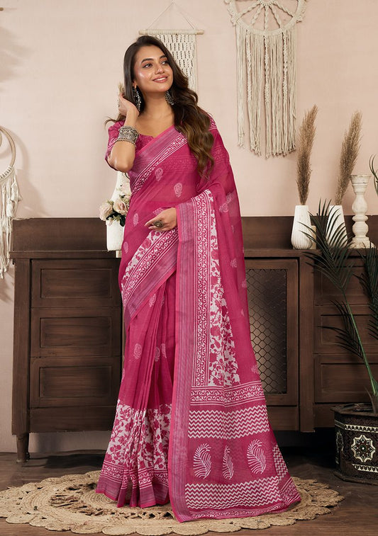 Wine Digital Print Linen Saree with Unstitched Blouse
