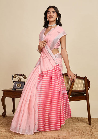 Pink Digital Print Linen Saree with Unstitched Blouse