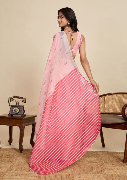 Pink Digital Print Linen Saree with Unstitched Blouse
