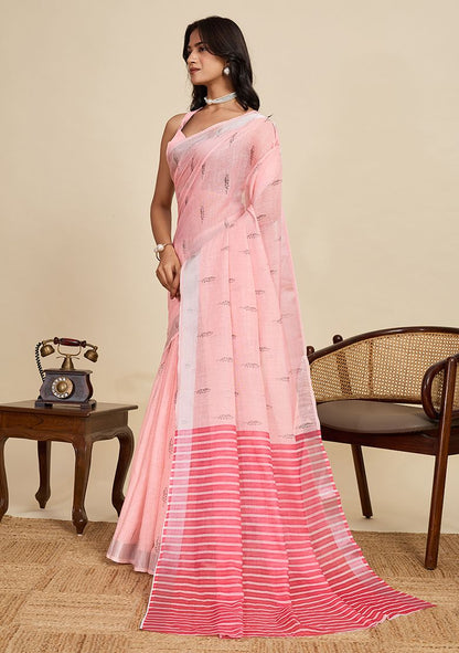 Pink Digital Print Linen Saree with Unstitched Blouse