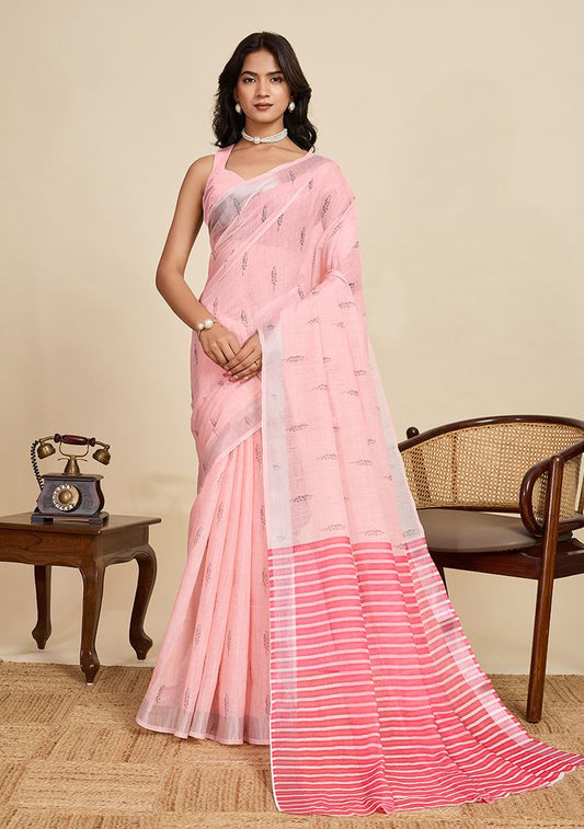 Pink Digital Print Linen Saree with Unstitched Blouse