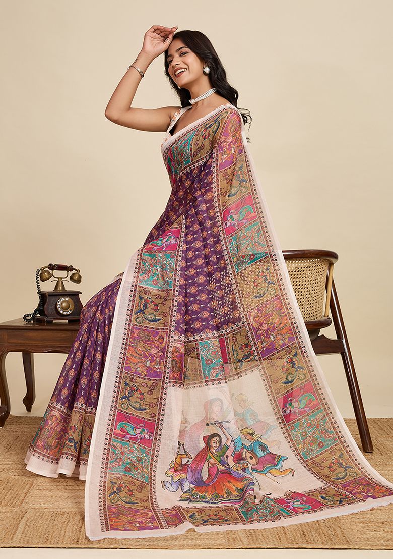 Multicolor Digital Print Linen Saree with Unstitched Blouse