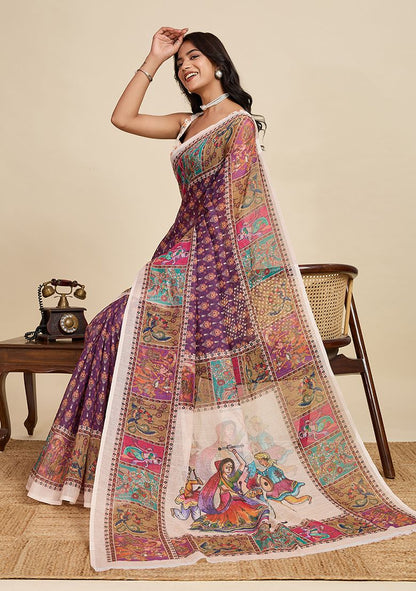 Multicolor Digital Print Linen Saree with Unstitched Blouse