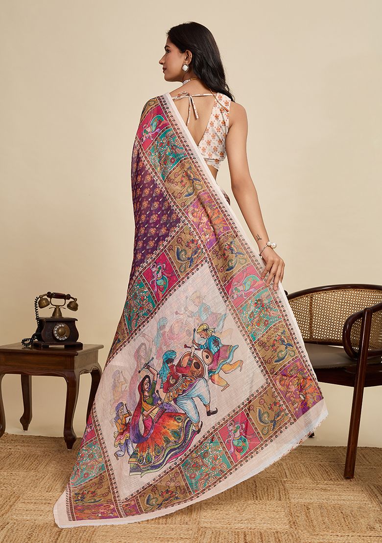 Multicolor Digital Print Linen Saree with Unstitched Blouse