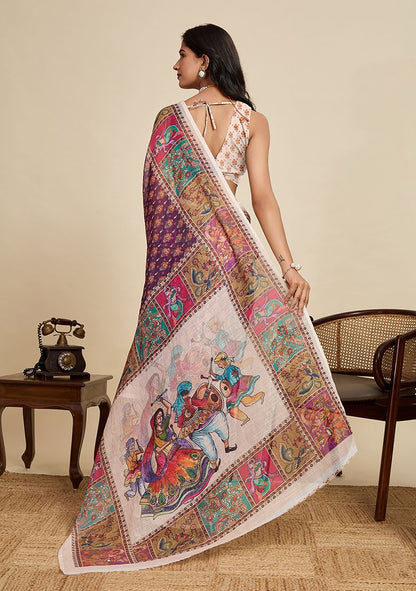 Multicolor Digital Print Linen Saree with Unstitched Blouse