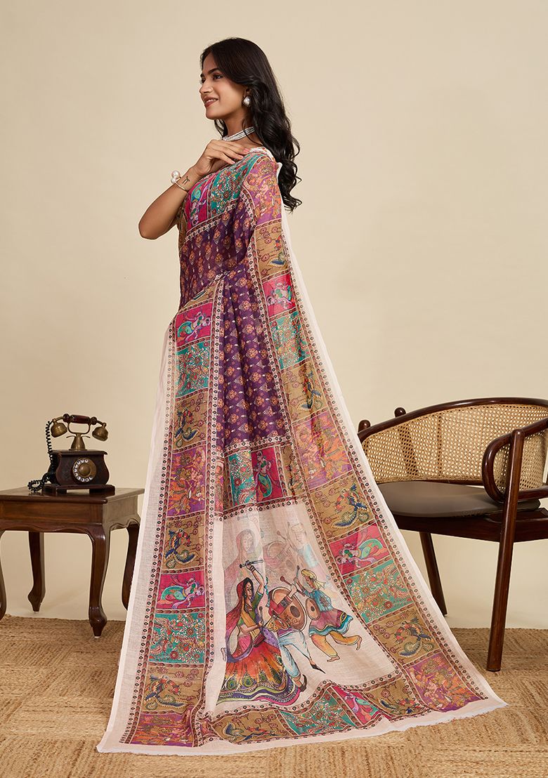 Multicolor Digital Print Linen Saree with Unstitched Blouse