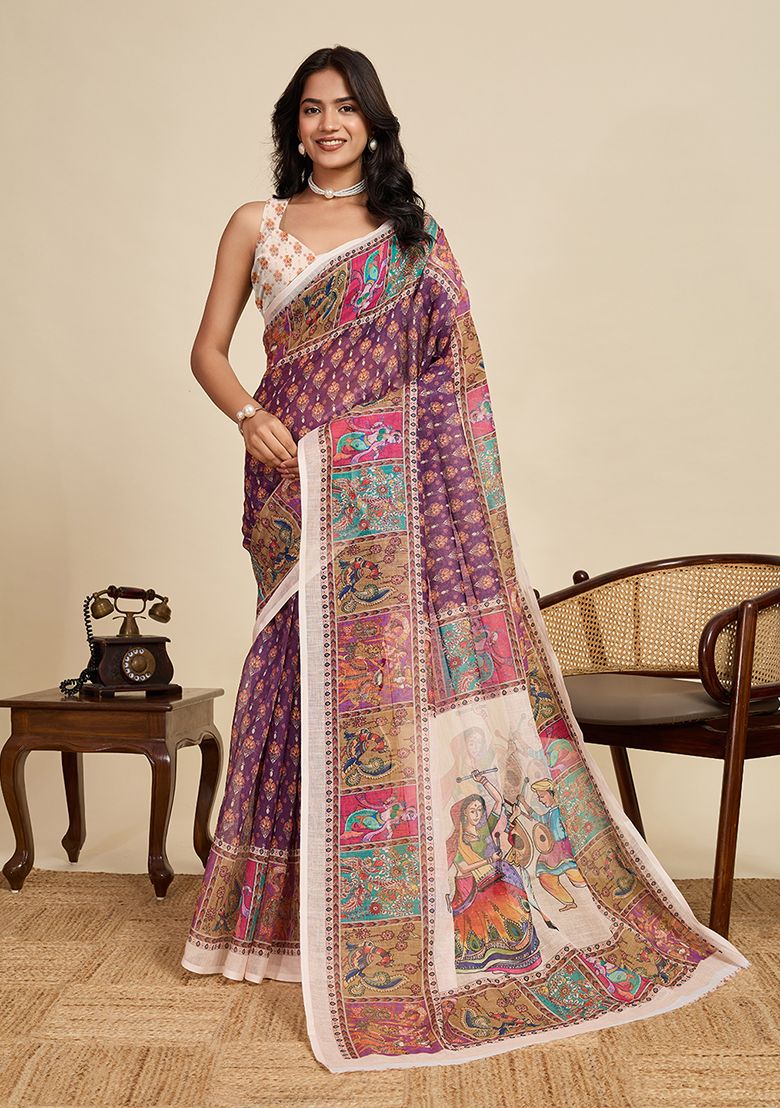 Multicolor Digital Print Linen Saree with Unstitched Blouse