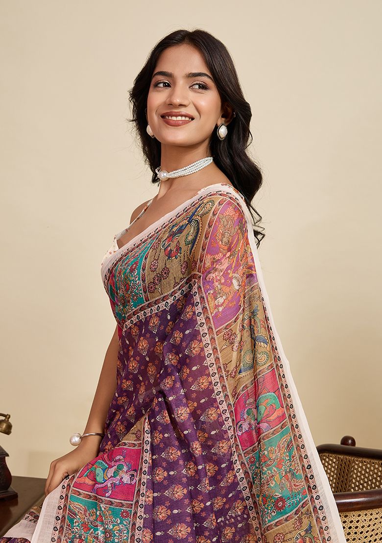 Multicolor Digital Print Linen Saree with Unstitched Blouse