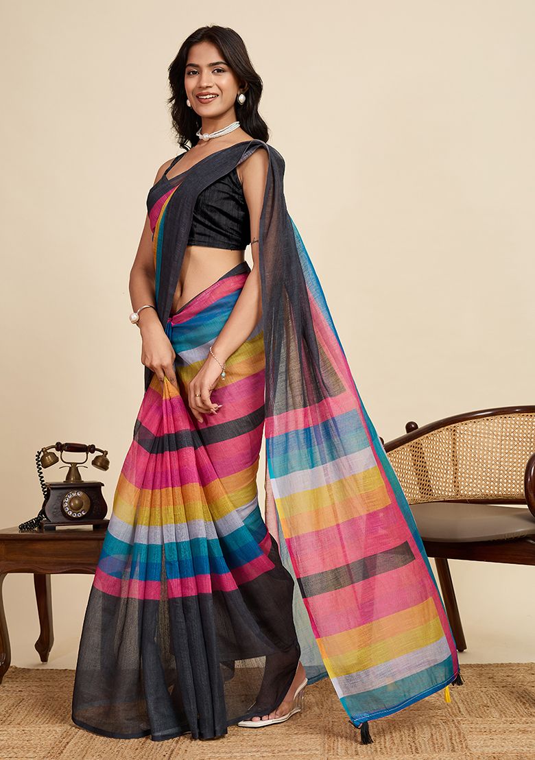 Multicolor Digital Print Linen Saree with Unstitched Blouse