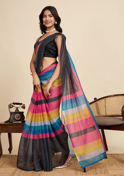 Multicolor Digital Print Linen Saree with Unstitched Blouse