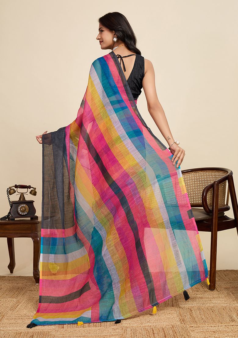 Multicolor Digital Print Linen Saree with Unstitched Blouse