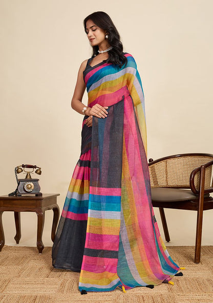 Multicolor Digital Print Linen Saree with Unstitched Blouse