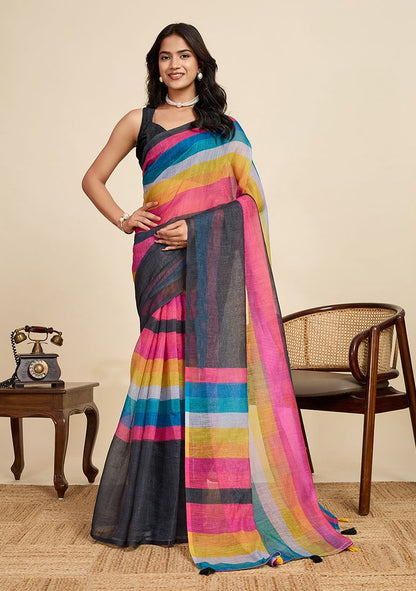 Multicolor Digital Print Linen Saree with Unstitched Blouse