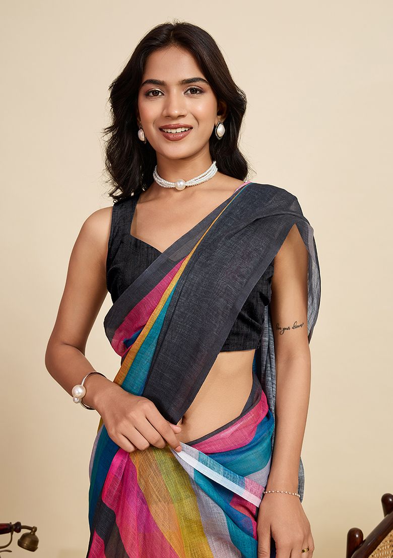 Multicolor Digital Print Linen Saree with Unstitched Blouse