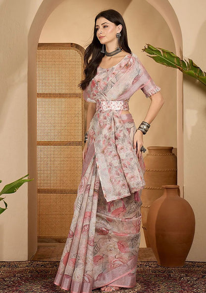 Multicolor Digital Print Linen Saree with Unstitched Blouse