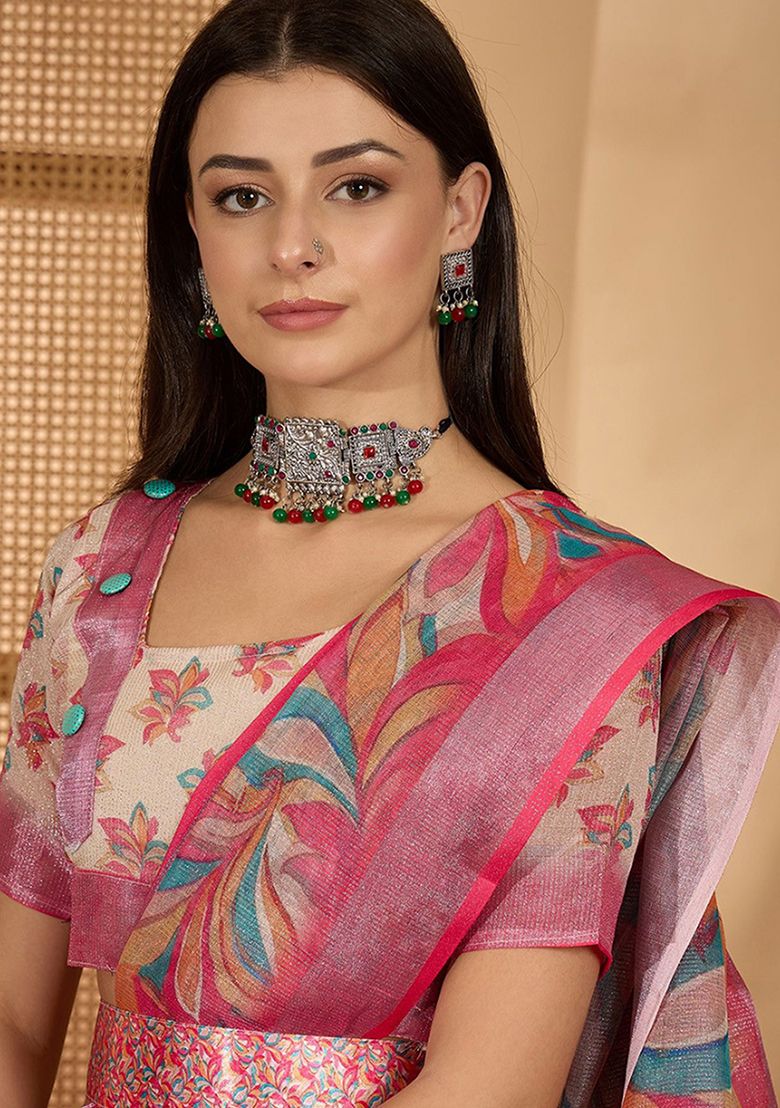 Multicolor Digital Print Linen Saree with Unstitched Blouse
