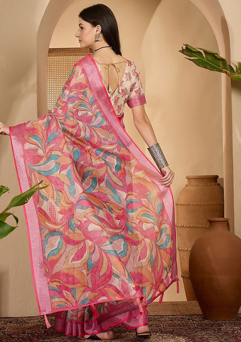 Multicolor Digital Print Linen Saree with Unstitched Blouse