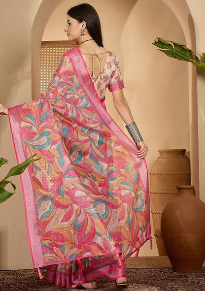 Multicolor Digital Print Linen Saree with Unstitched Blouse