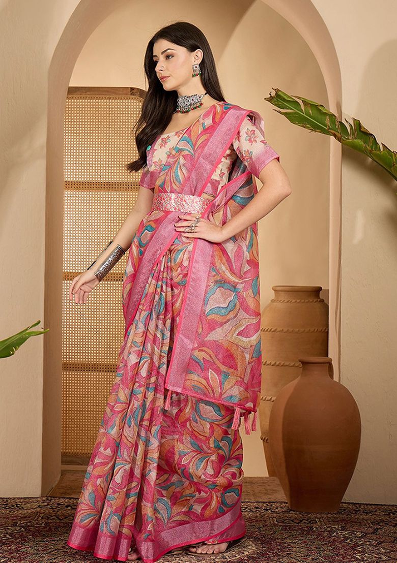 Multicolor Digital Print Linen Saree with Unstitched Blouse