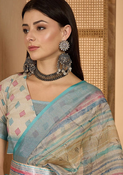 Multicolor Digital Print Linen Saree with Unstitched Blouse