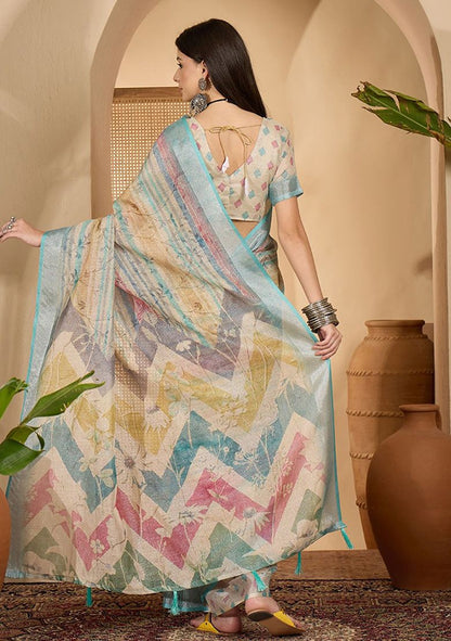 Multicolor Digital Print Linen Saree with Unstitched Blouse