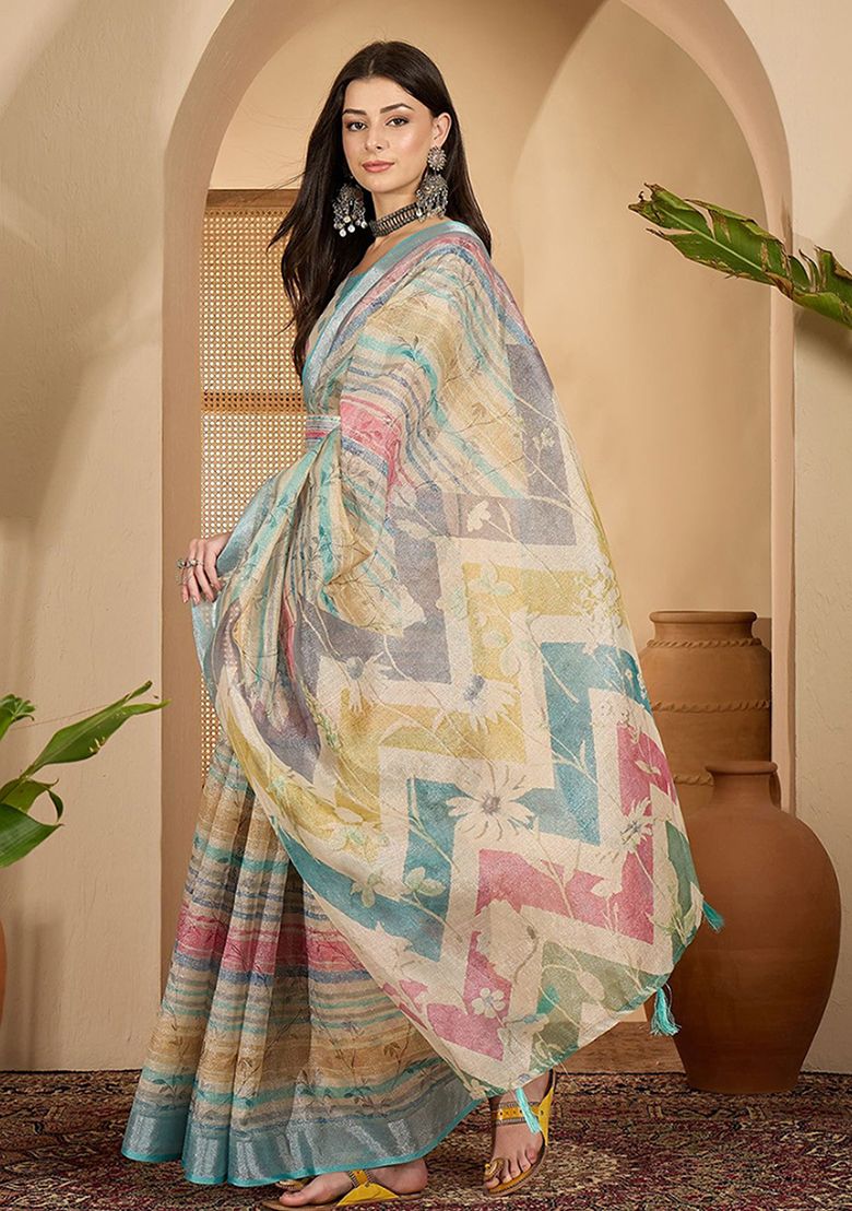 Multicolor Digital Print Linen Saree with Unstitched Blouse