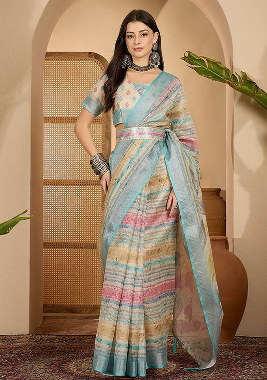 Multicolor Digital Print Linen Saree with Unstitched Blouse