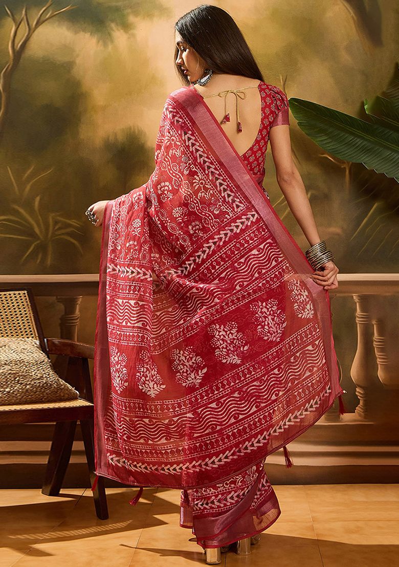 Red Digital Print Linen Saree with Unstitched Blouse