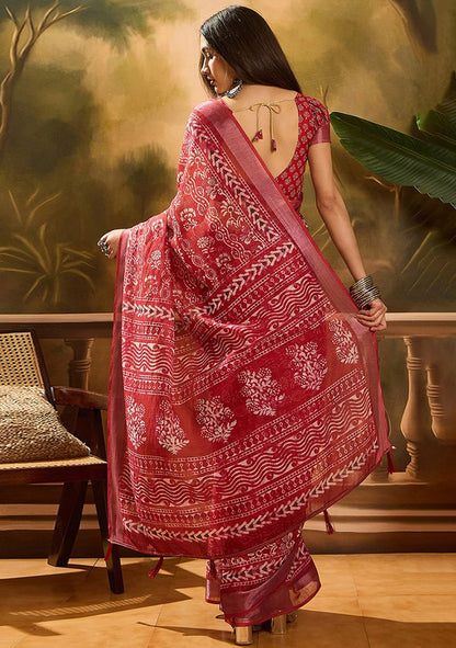Red Digital Print Linen Saree with Unstitched Blouse