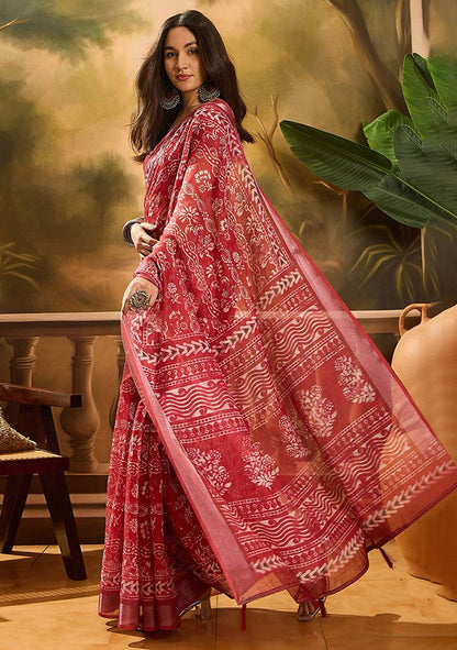 Red Digital Print Linen Saree with Unstitched Blouse