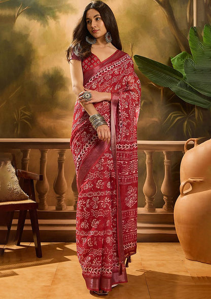 Red Digital Print Linen Saree with Unstitched Blouse