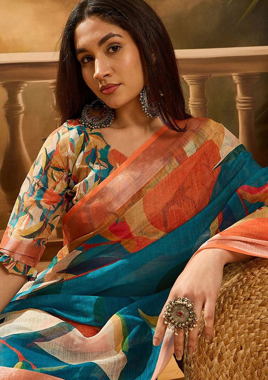Modern Digital Print Linen Saree with Unstitched Blouse