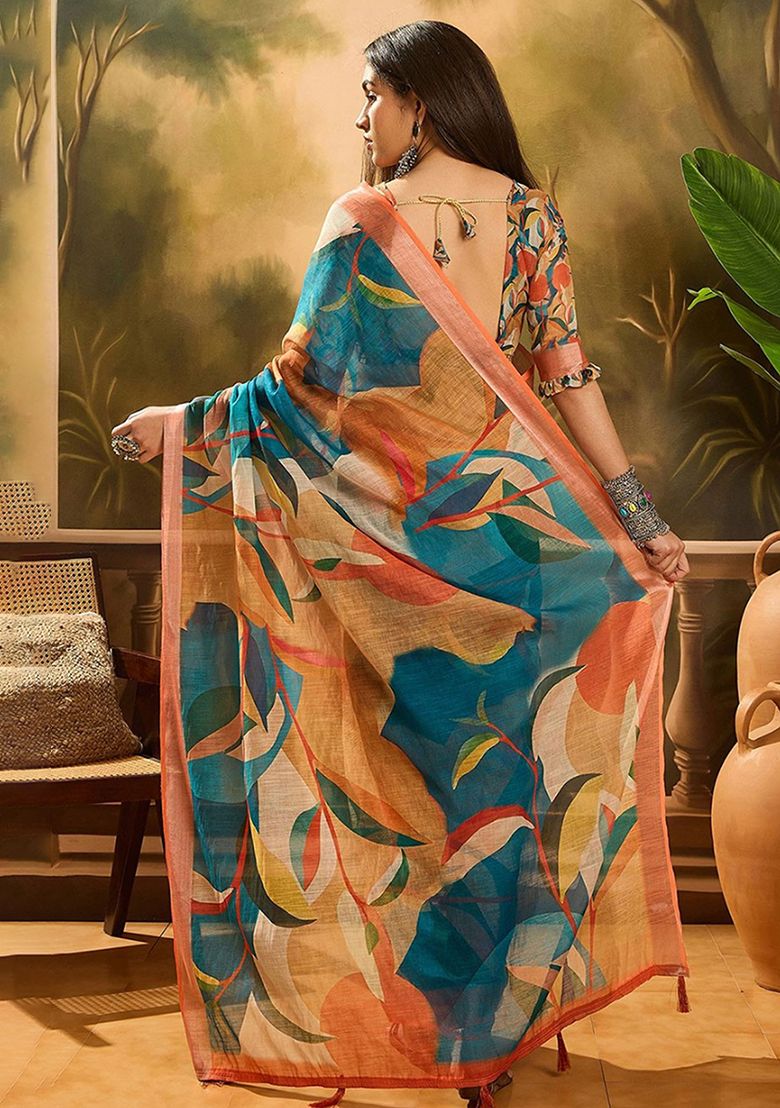 Modern Digital Print Linen Saree with Unstitched Blouse