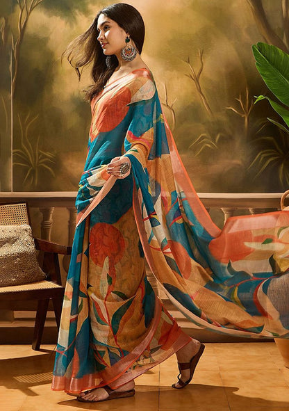 Modern Digital Print Linen Saree with Unstitched Blouse