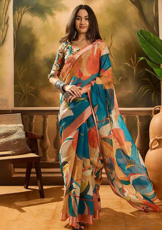 Modern Digital Print Linen Saree with Unstitched Blouse