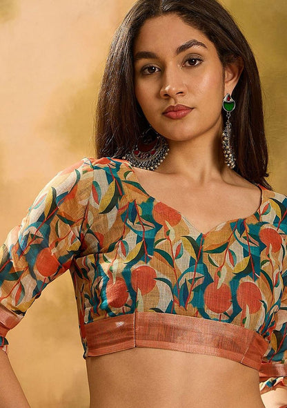 Modern Digital Print Linen Saree with Unstitched Blouse