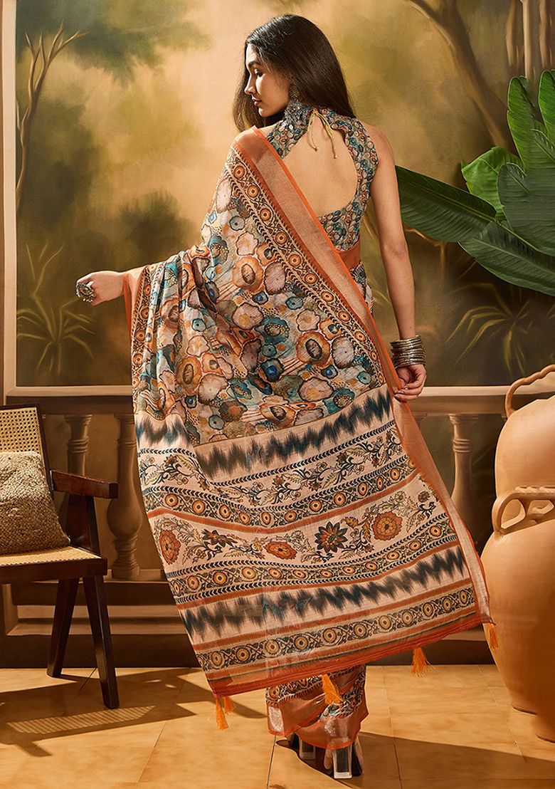 Premium Digital Print Linen Saree with Unstitched Blouse