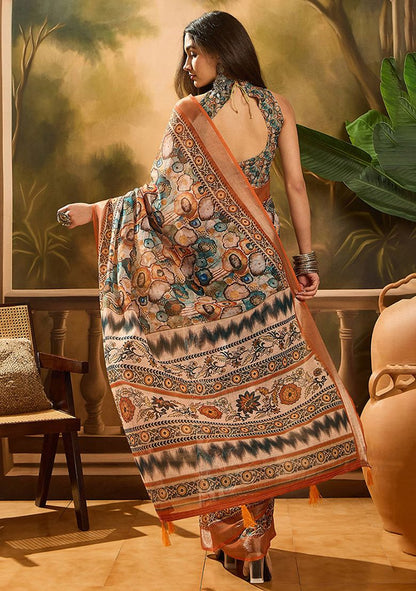 Premium Digital Print Linen Saree with Unstitched Blouse