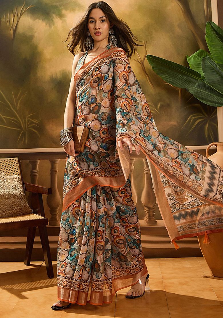 Premium Digital Print Linen Saree with Unstitched Blouse