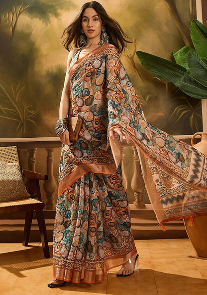 Premium Digital Print Linen Saree with Unstitched Blouse