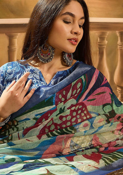 Delux Digital Print Linen Saree with Unstitched Blouse