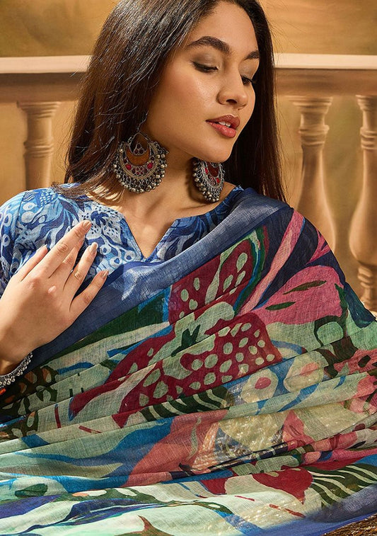 Delux Digital Print Linen Saree with Unstitched Blouse