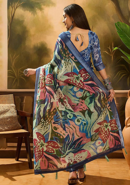 Delux Digital Print Linen Saree with Unstitched Blouse